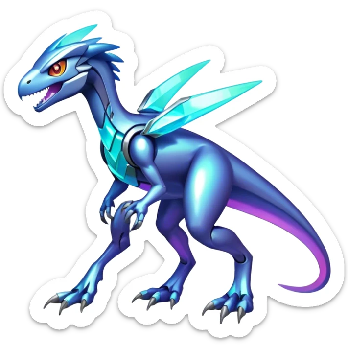 Shiny Futuristic Ethereal Fakemon-Pokemon-Digimon-Spectrobes-Raptor-fusion, full body, four legs sticker