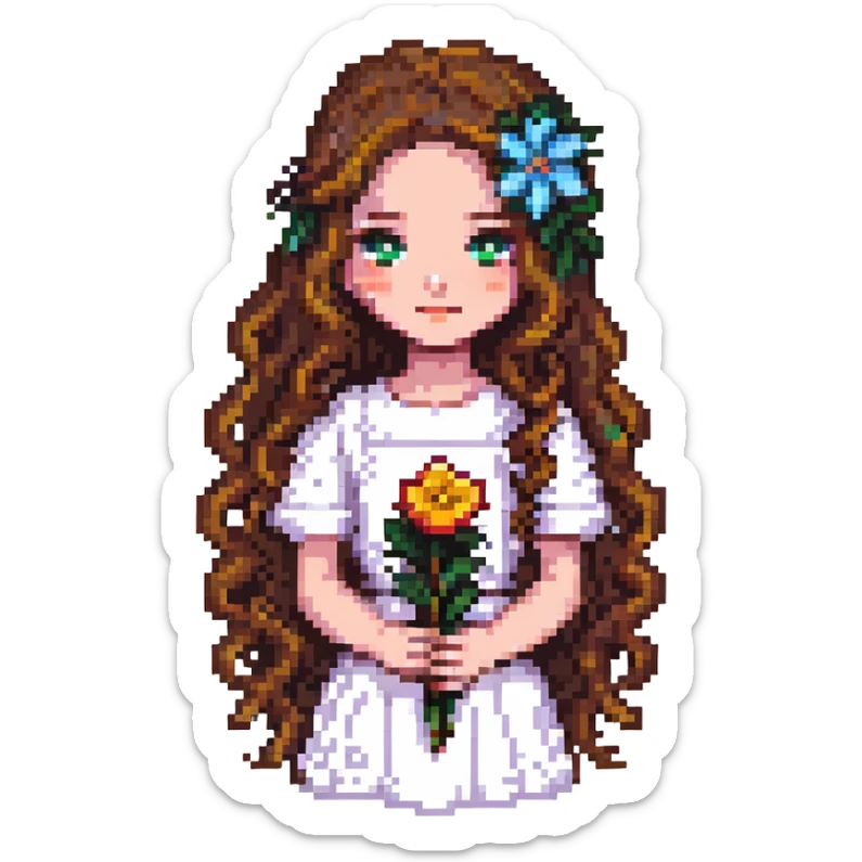 girl with long wavy brown hair with a flower in her hair pixel art sticker