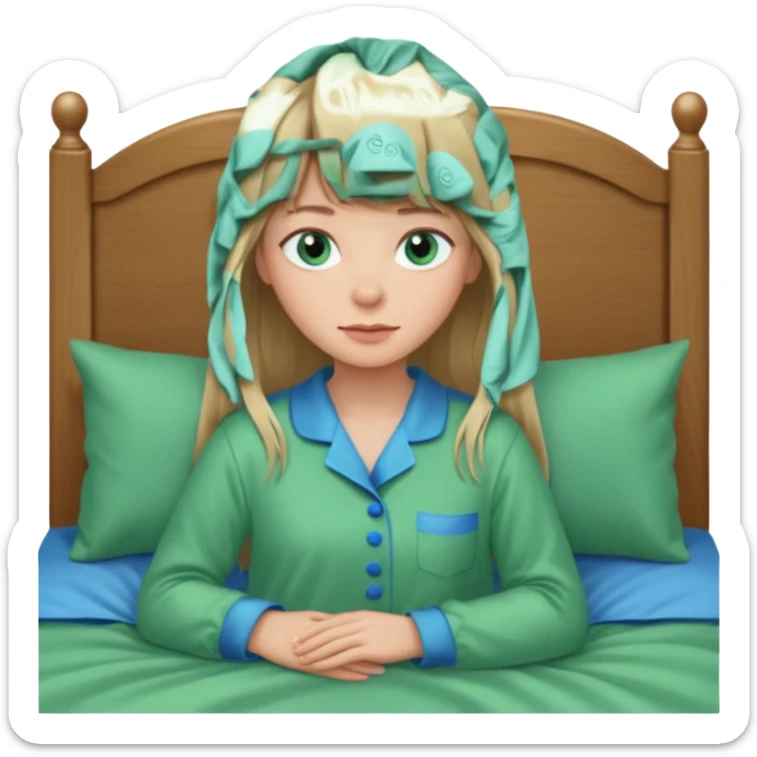 Woman with long dark blond hair and bang woth blue eyes alone in bed  with green pyjama sticker