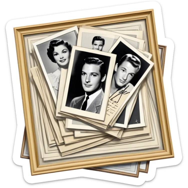 Icon for Autograph Collecting: several vintage framed with signatures of famous celebrities sheets stacked one on top of the other, each . The icon should evoke the charm and history of collecting autographs. Transparent background. sticker