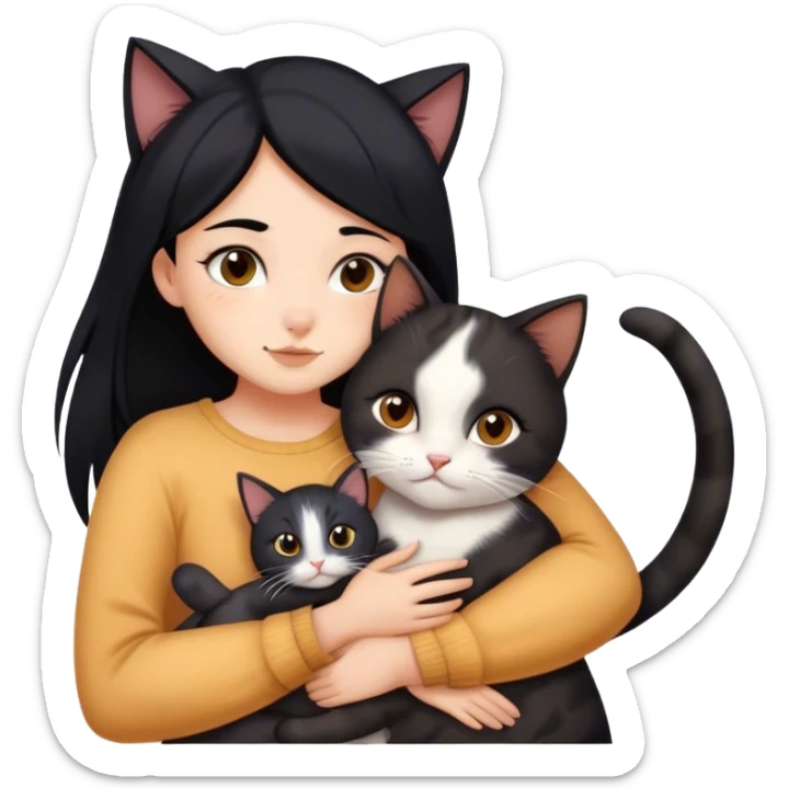 girl with black hair hugging three cats  (dark calico cat, gray cat, brown calico cat) sticker