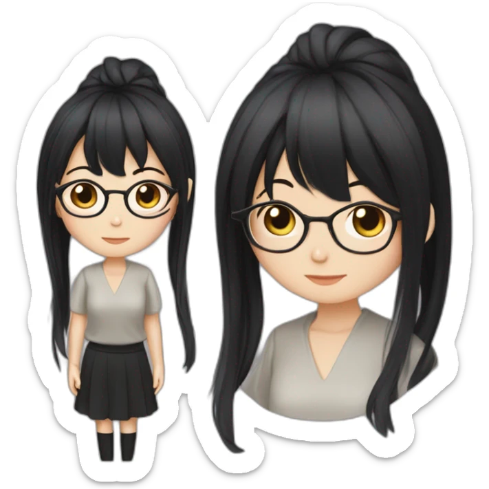 Chinese girl-Light skin - long straight black hair - bangs - Rimless glasses - Ruiyang - Neutral - Dark pupils - High nose - drooping mouth - Dark clothes - Rational - confident sticker