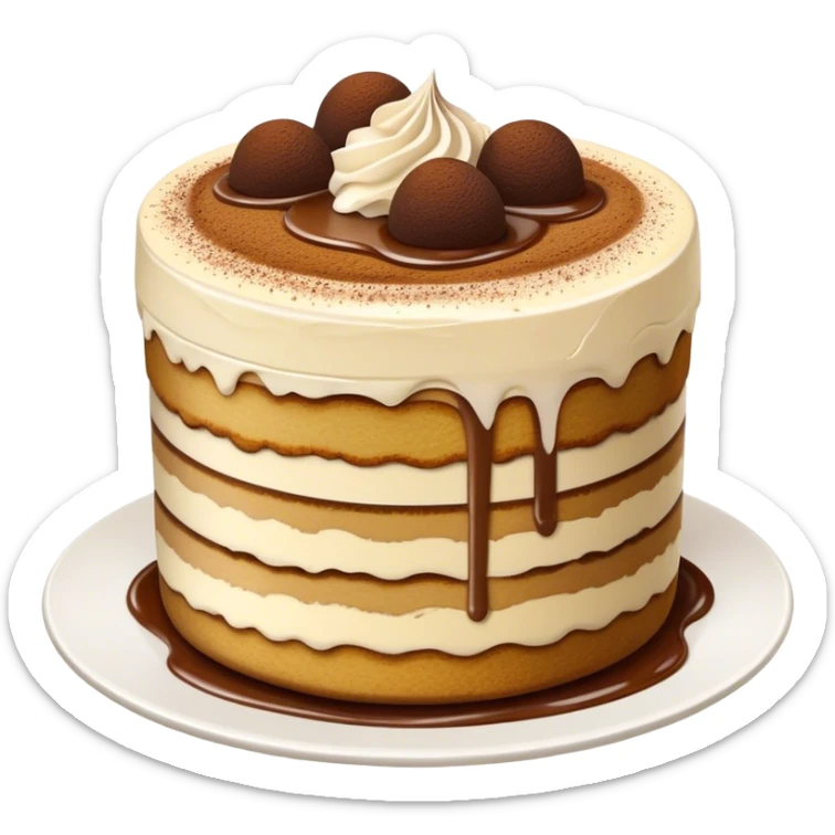 Tiramisu Cinematic Realistic Tiramisu Dessert Emoji, depicted as a delightfully messy, layered tiramisu with coffee-soaked sponge and mascarpone cream, rendered with rich textures and warm, indulgent lighting. sticker