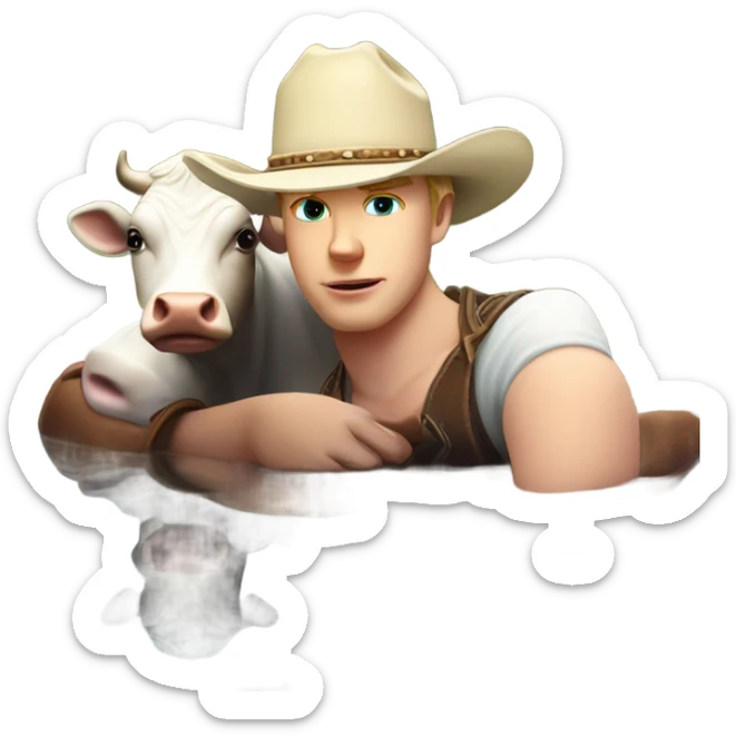 White boy withba cowboy had laying his head on top of a cow in a beautiful pond with sunset  sticker