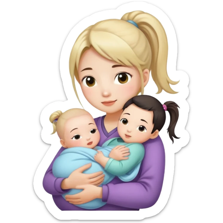 Ponytail chinese girl hugs a newborn baby and a girl sticker