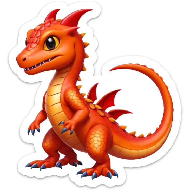 cute shiny colorful Guilmon-Salandit hybrid creature with big eyes and a happy expression, full body sticker