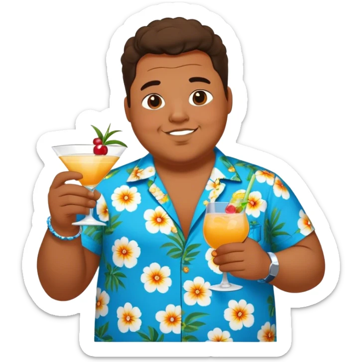 chubby guy full figure in a flowered azure havai shirt holding a cocktail sticker