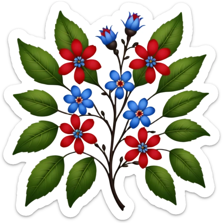 dull green leaves & red & blue flowers filigree design, small fruits, ebony branches, extremely detailed, complex design sticker