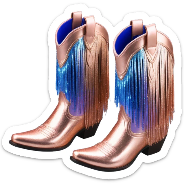 Realistic rose gold and royal blue ombre pair of fashion cowgirl boots with sparkly shiny glitter fringe on them. sticker
