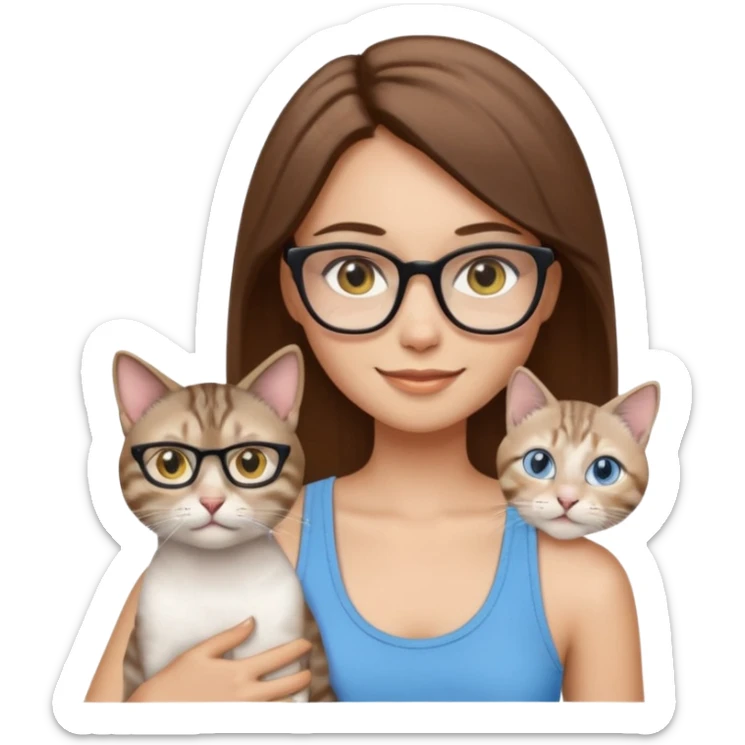 iOS-style emoji of a light-skinned girl with straight medium brown hair, black glasses and a white tank top, holding two cats: one white with yellow eyes and one gray tabby Siamese with blue eyes. sticker