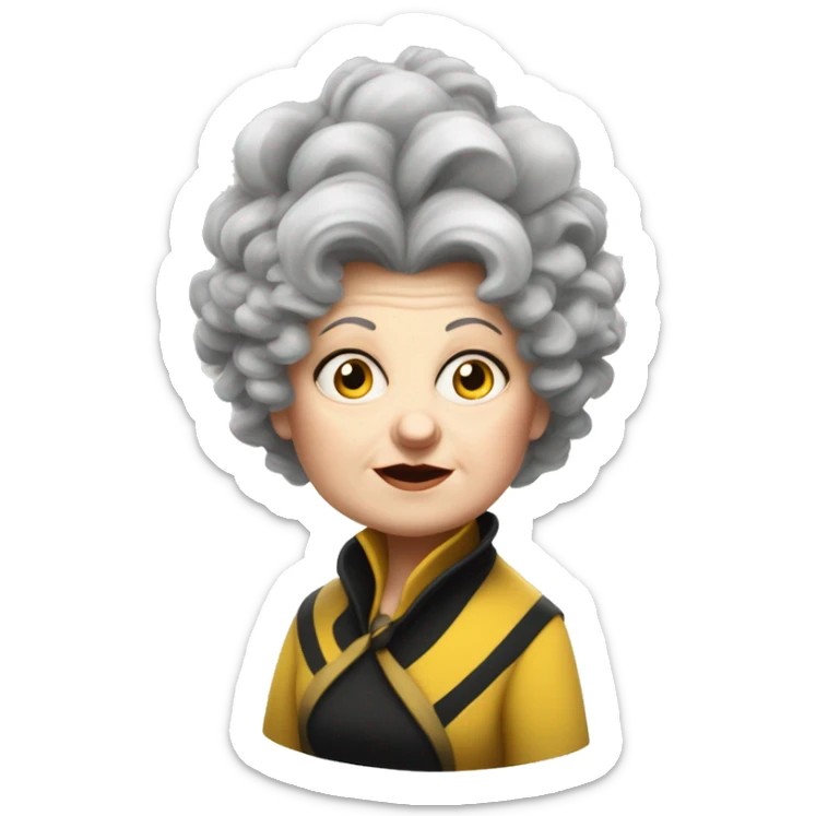 one old, curvy woman, white face, hufflepuff, grey and curly and wild hair, madame sprout, not amused,  sticker