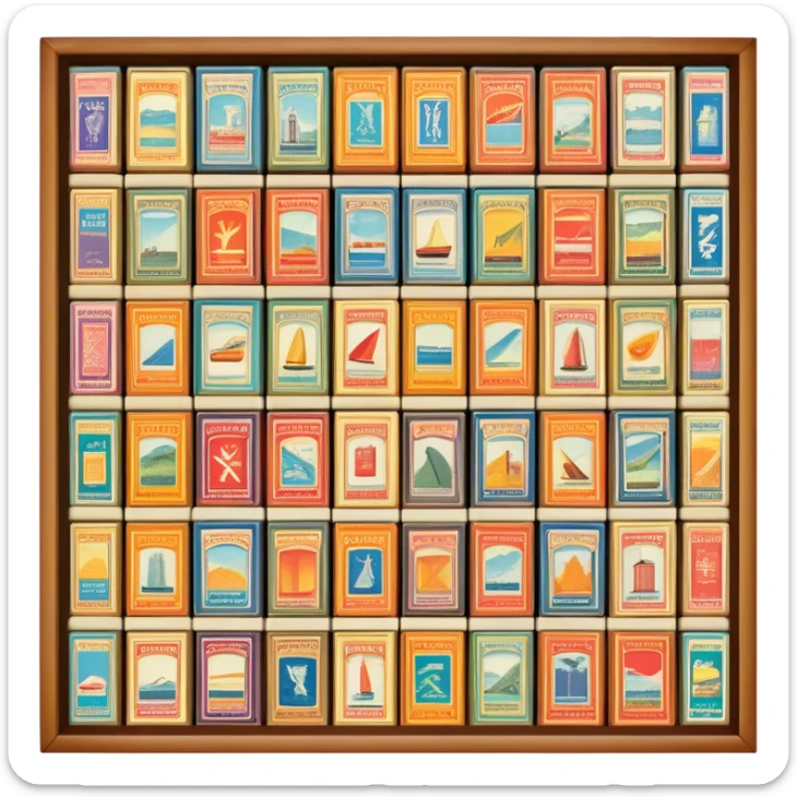 Icon for Matchbox Collecting: a collection of vintage and colorful matchboxes from different places, neatly displayed in a row or in a display case. The icon should reflect the uniqueness and diversity of matchbox collecting. Transparent background. sticker