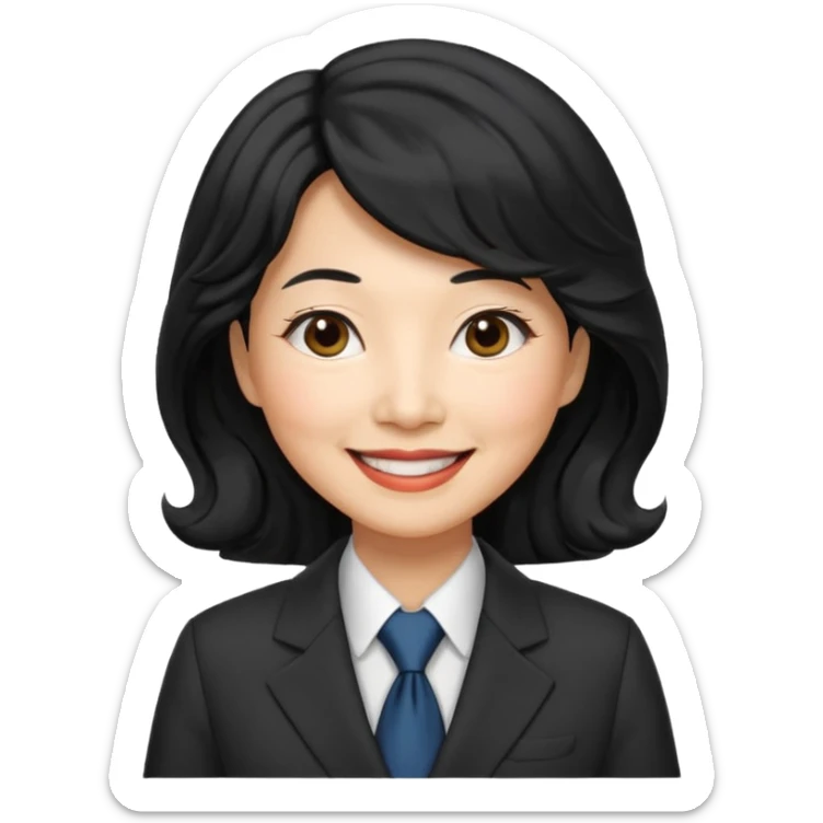 60 yr old asian woman, wavy thick black hair, side part, side swept bang, big smile, business suit sticker