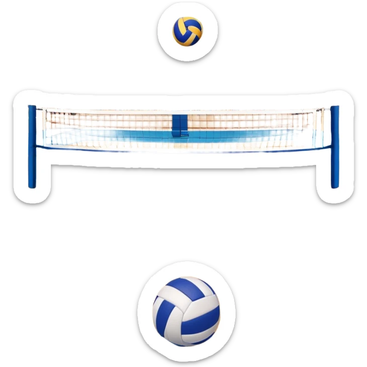 A close-up of a volleyball on the court, with the net in focus and the court markings visible. The background shows the stands filled with spectators, creating an energetic atmosphere of a volleyball match, with attention to detail on the equipment and the surrounding environment. sticker