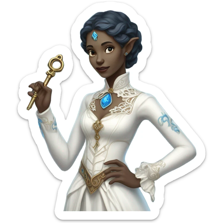 elf blue witch woman login holding a big key in white victorian dress, full body sticker