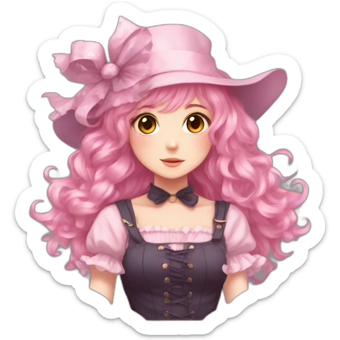 Faded pink hair 	•	Youthful facial features 	•	Magical girl-style hat 	•	Dress with lots of frills sticker