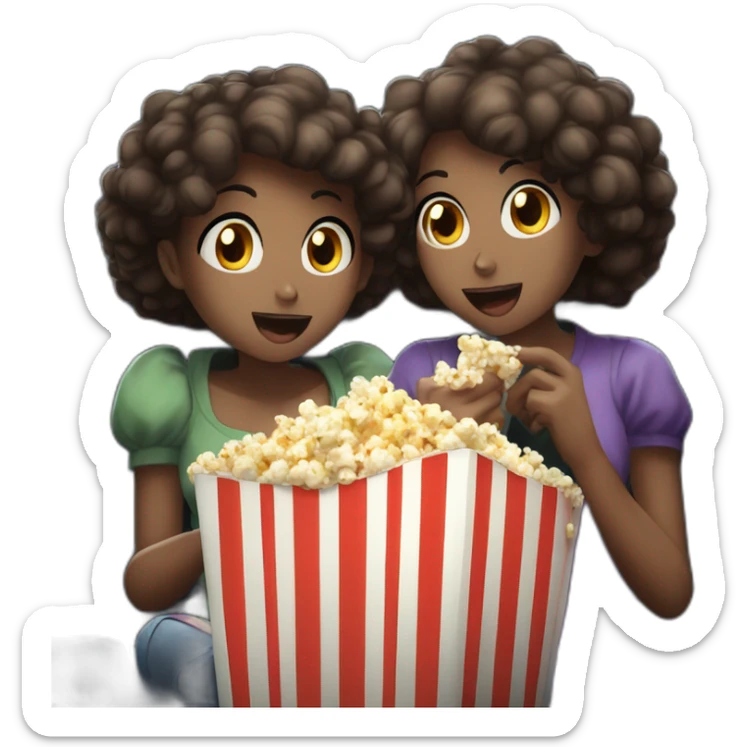 three anime girls watching movie at the cinema eating popcorn, dark background sticker