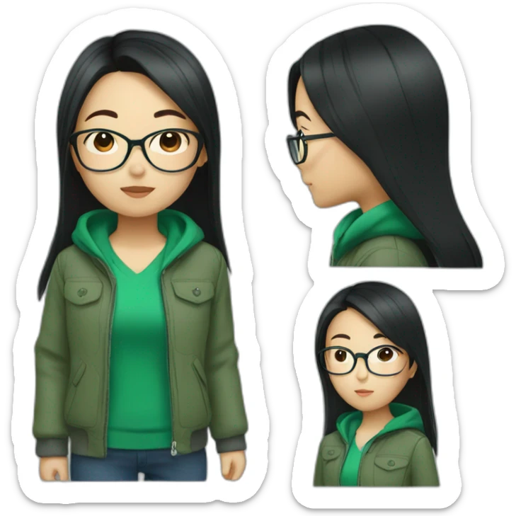 Asian girl with long black hair and glasses wearing green jacket sticker