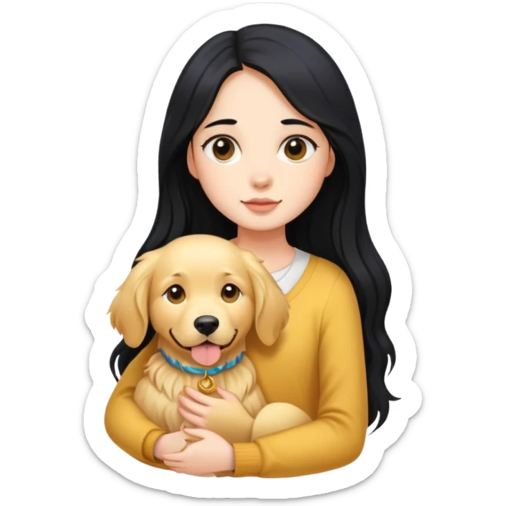 A girl with long black hair holding a golden retriever sticker