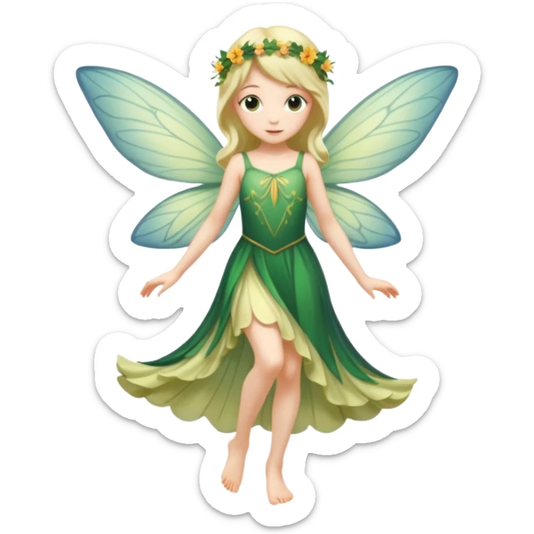 A flower fairy girl, slender in figure, with wings, her entire body slightly tilted, one leg straight, one leg bent, one hand raised, one hand lowered. sticker