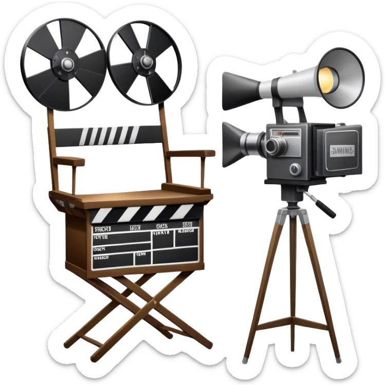 Icon for Directing: a director's chair, a film clapperboard, large movie camera, vintage megaphone and a stage with a spotlight. The icon should represent the creative and organizational aspects of directing, with focus on storytelling, staging, and performance. Transparent background. sticker