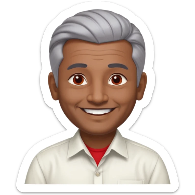 50 yr old indian man, dark skin, grey hair, big smile, white teeth, chubby, no moustache, clean shaven, young style hair, hair brushed back, 5 oclock shadow, bindy, dress shirt, forehead dot, chubby, religious, red dot, fancy hair sticker