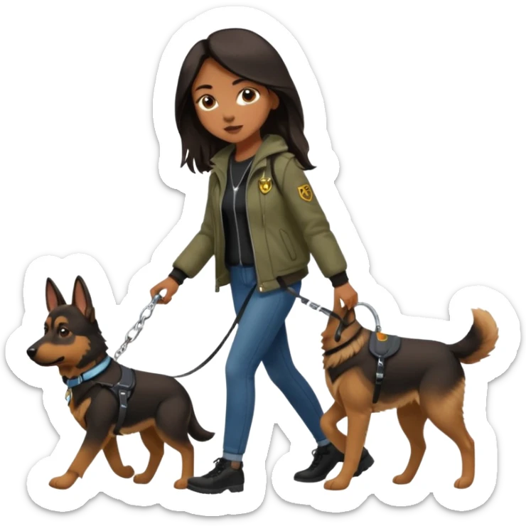 a girl with a brown dark long hair, she's walking her dog is a german shepard sticker
