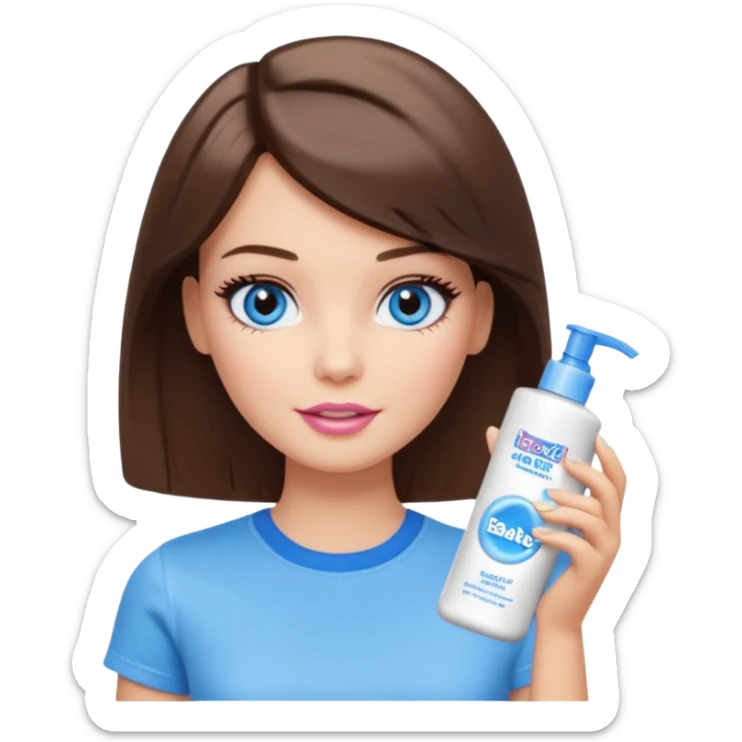 Barbie girl with makeup, blue eyes , and bob long haircut, short brown hair in white T-shirt, face Wash Cream sticker
