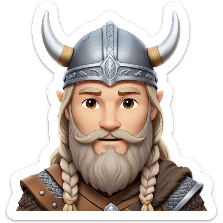 Clash of Clans aesthetic: Beautiful and Majestic Viking Portrait Emoji, Rendered in serene confidence with a gentle, enigmatic smile and a refined, weathered Viking helmet, showcasing a noble, sturdy build with long braided hair and a dignified beard, his face in natural skin tone, Simplified yet exquisitely endearing features, highly detailed, glowing with a soft, majestic Nordic light, high shine, calm and heroic, stylized with an air of timeless Norse elegance, soft glowing outline, capturing the essence of a majestic Viking whose noble spirit inspires epic quests! sticker