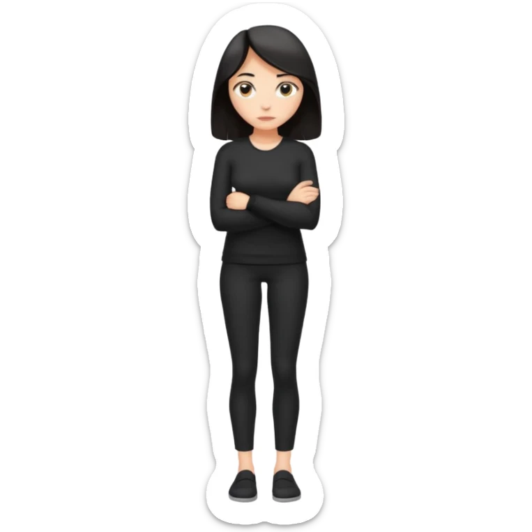 Cartoon emoji of a woman with long, loose dark hair, wearing simple black clothes. Full-height, standing nervously with hunched shoulders, head slightly down, arms close or crossed, legs together, eyes looking away. Smooth, simple, stylized. sticker