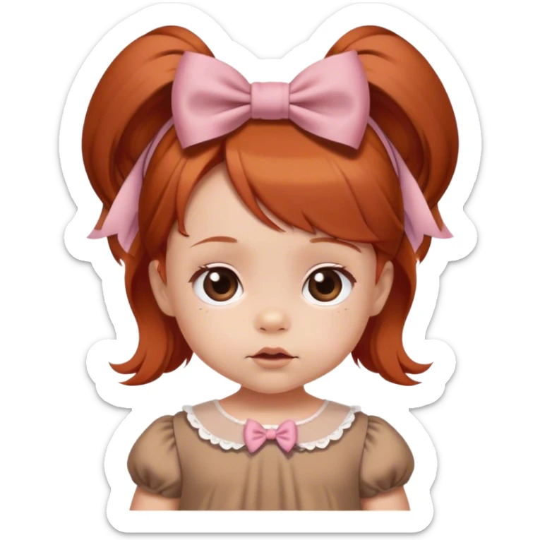 baby girl with reddish blunt hair and with and 2 bows brown dress sticker
