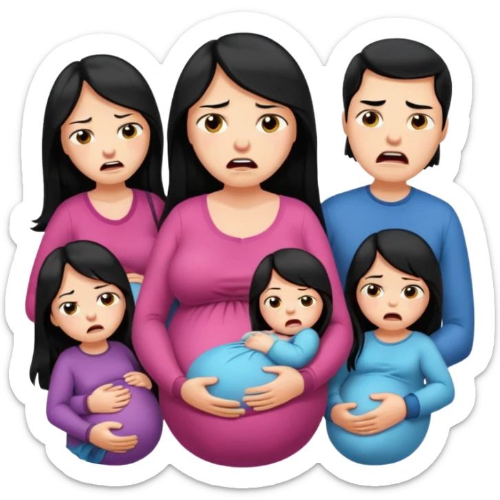 pregnant woman with long black hair crying, angry husband, five little girls sticker