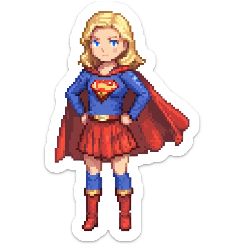 Supergirl superhero full body, blue suit with red skirt, red cape, blonde hair, and S emblem on chest sticker