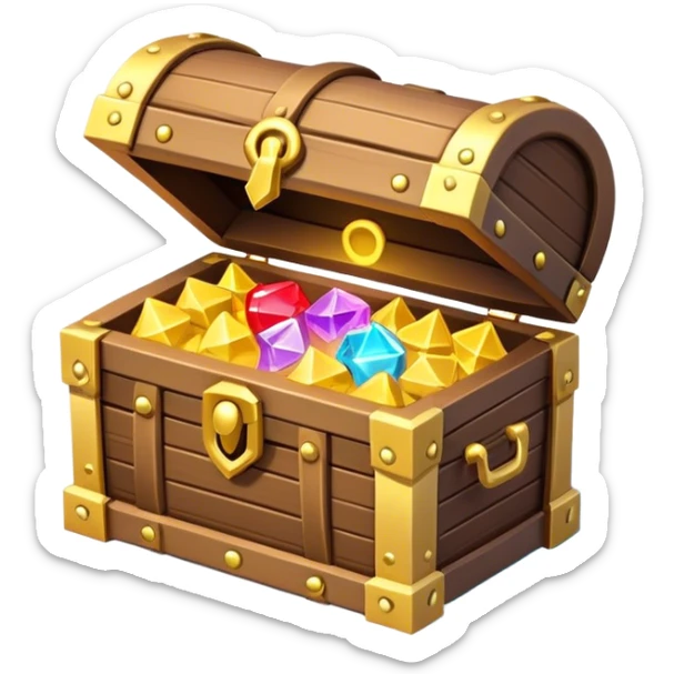 Clash of Clans aesthetic: Cinematic Playful 3D Isometric Treasure Chest Emoji, rendered in a 3D vector-style similar to standard emojis with minimal shading and bold, simplified shapes. A compact, distinct form with signature details, softly glowing with a fantasy RPG magic charm. Simplified yet unmistakably iconic, highly detailed and consistent, glowing with a soft radiance and high shine. Stylized with a touch of heroic grandeur and a soft glowing outline, capturing the essence of a beloved gaming relic with a friendly, playful manner! sticker