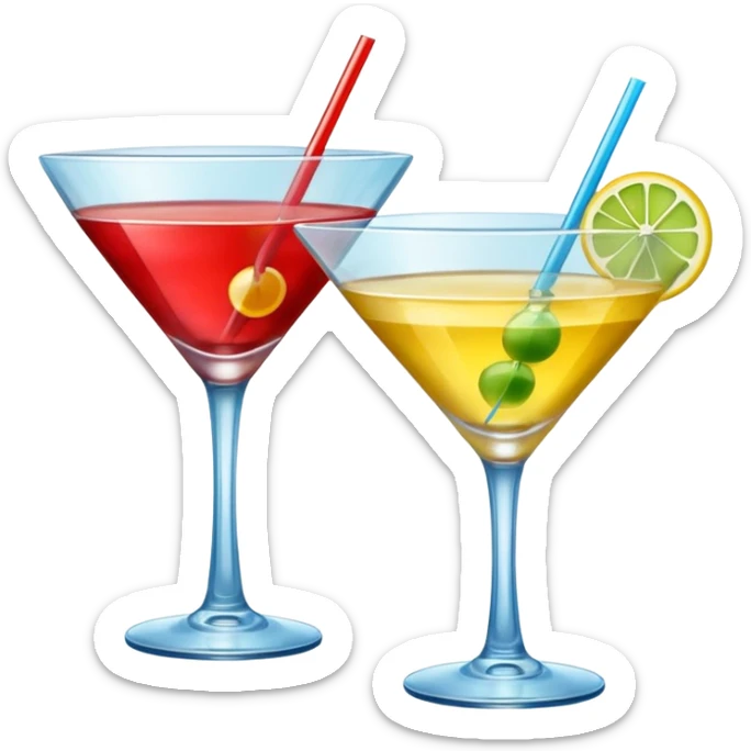 Create an two emoji of red and yellow cocktail, cheers with blue and green cocktail, no tube just cocktail in glass sticker
