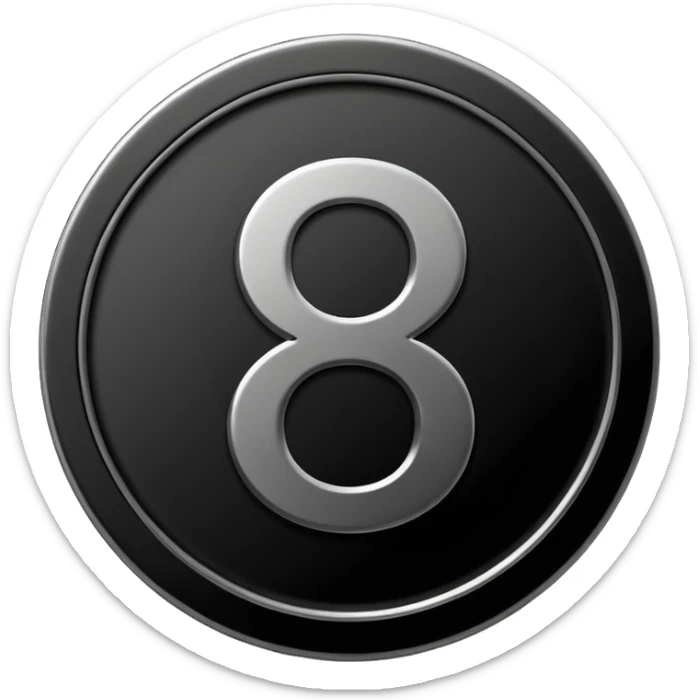 Emoji icon of a black coin with engraved number 8, minimalist style, isolated sticker