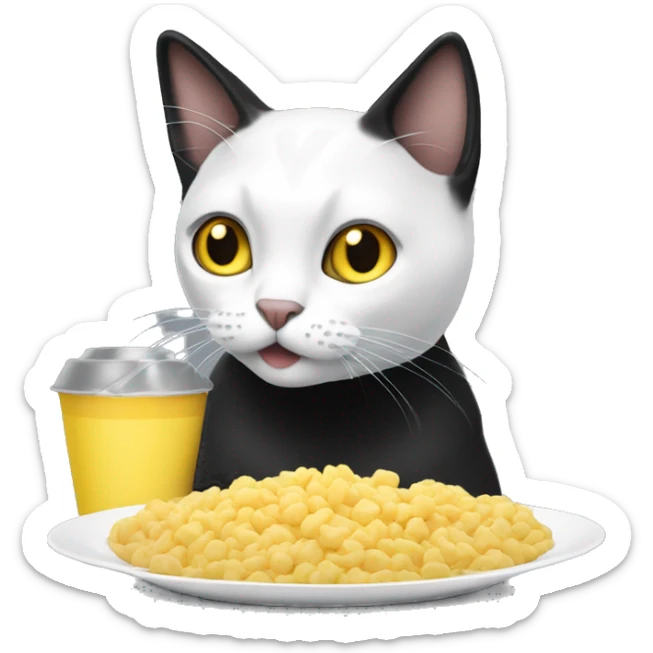 Cat eating food the cat is black and white and his eyes are yellow sticker