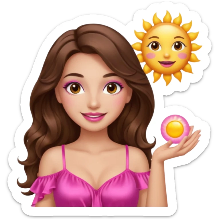 girl with long wavy brown hair, brown eyes, long lashes makeup, sexy pink lips, smiling, light to medium complexion, wearing a pink sexy silk top, holding a big sun sticker