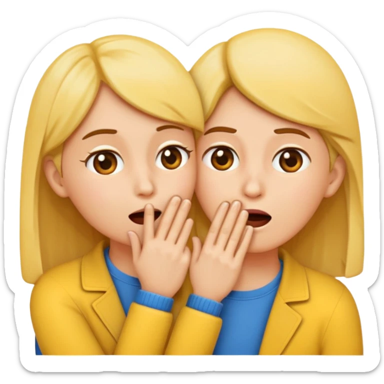 Emoji of two people, one whispering into the other’s ear with a hand covering their mouth. Surprised reaction. Simple emoji style, flat design, bright colors, thick outlines. sticker