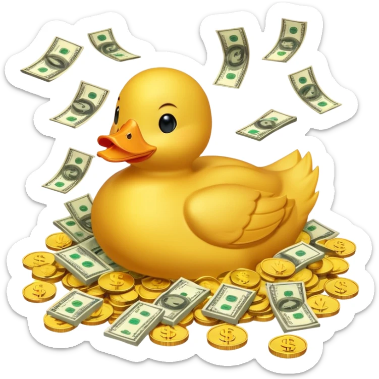Yellow duck swimming in a pile of gold coins and dollar bills sticker