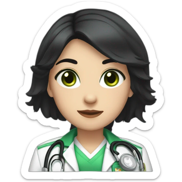 a medic girl with cream, shoulder-length black hair, with accessories, green eyes sticker