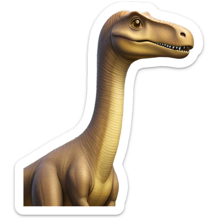 Cinematic Noble Brachiosaurus Portrait Emoji, Poised and majestic, with a towering, elongated neck stretching gracefully from a robust, column-like body, a small, gentle head with curious eyes, and subtle, textured skin in earthy tones, Simplified yet sharply defined features, highly detailed, glowing with a soft, golden radiance, high shine, intelligent and serene, stylized with an air of prehistoric grandeur, focused and calm, soft glowing outline, capturing the essence of a watchful and confident Brachiosaurus that appears ready to gracefully emerge from the screen with effortless power! sticker