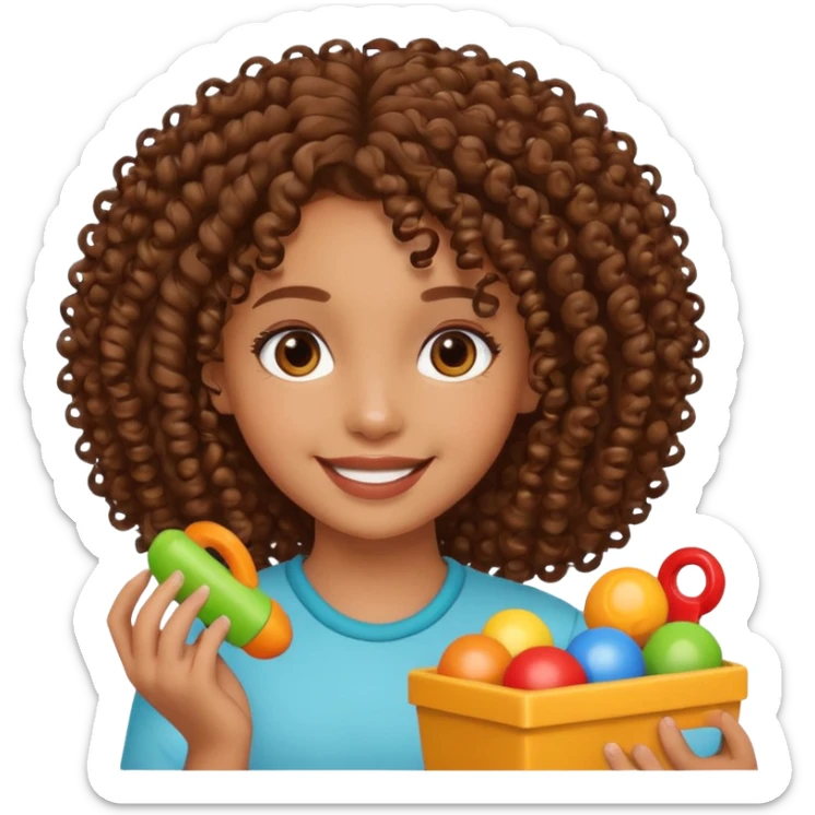 brown girl with curly hair playing with toys sticker