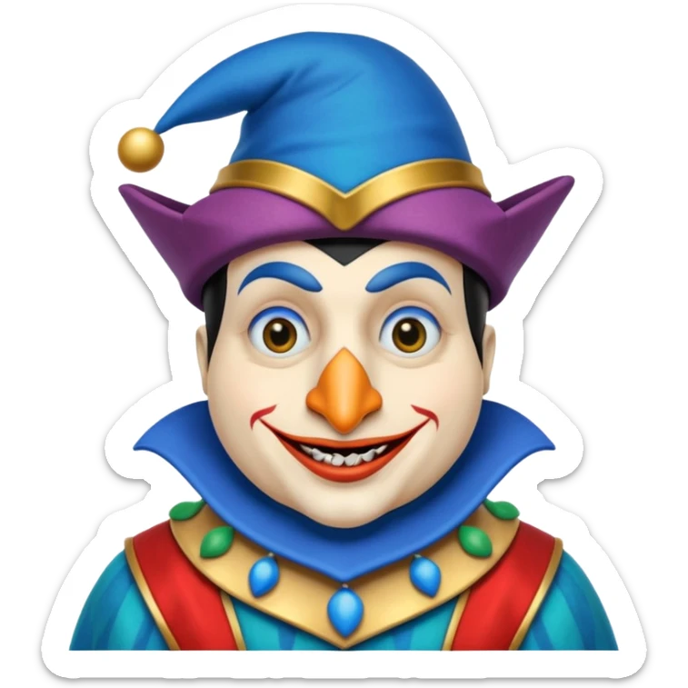 crazy funny colorful real penguin jolly joker, medieval, vintage, court jester, mac os icon, blue color sticker