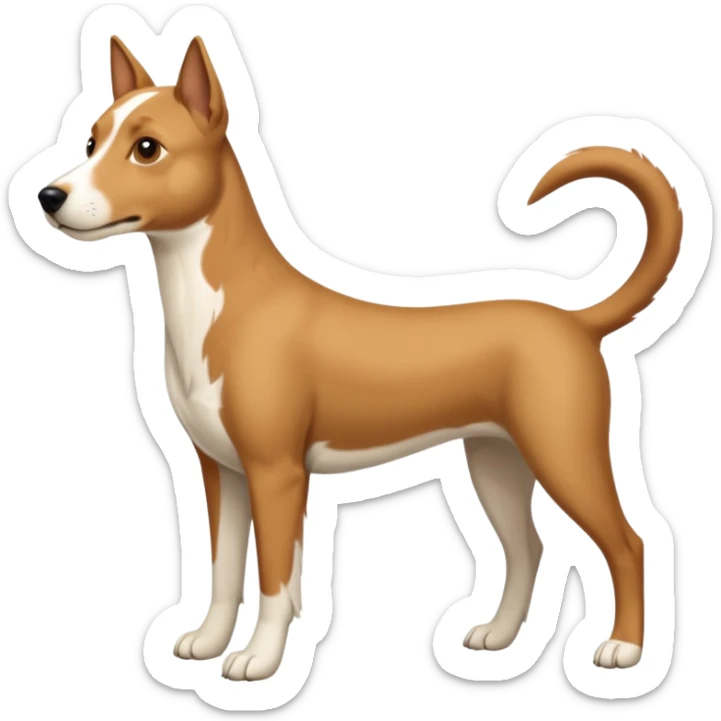 a full body white parsel russell looking dog the size of a kelpie with light brown ears and a light brown patch on one eye and a large snout sticker