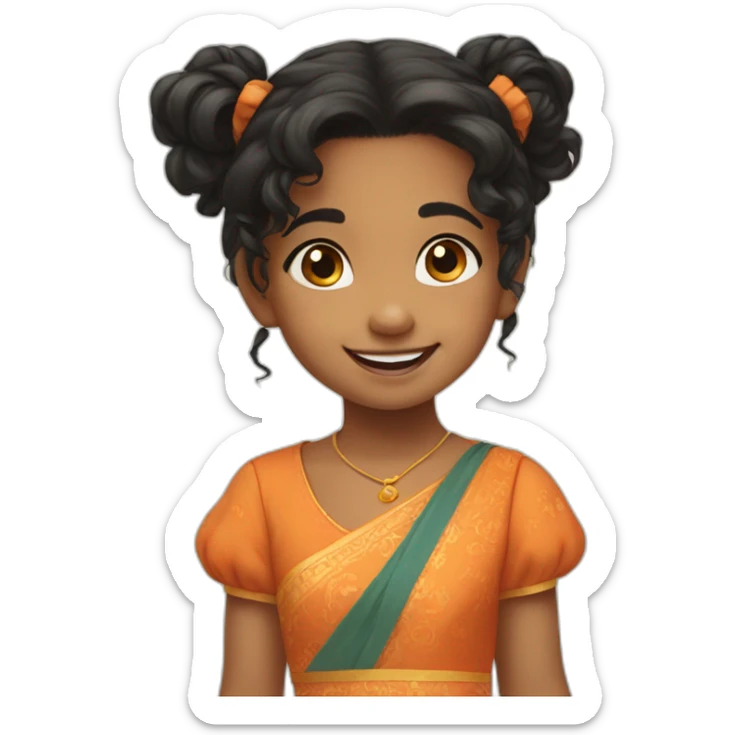 smiling and pointing 3 years old indian girl with black curly hair in pigtails wearing a orange dress sticker