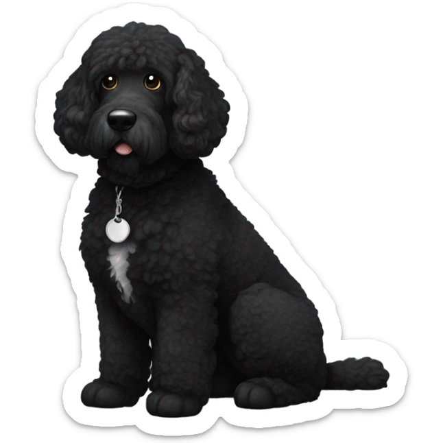 A big bernadoodle dog, hair all black. All black except for white on its neck. an all black face sticker