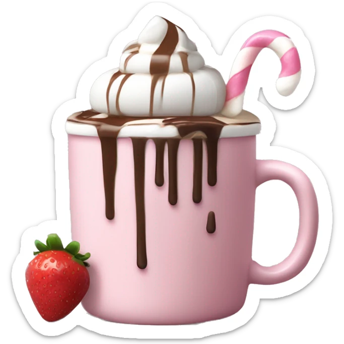 hot chocolate with mug and whip cream and chocolate drizzle and pale pink strawberry and marshmellows sticker