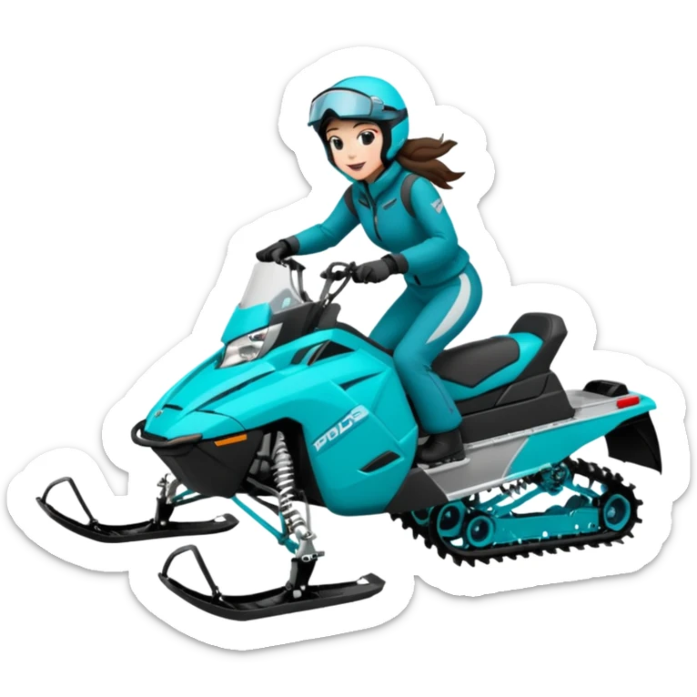 Can you create an emoji of a brunette girl on a teal polaris khaos 850 155 snowmobile doing a wheelie with snow flying sticker