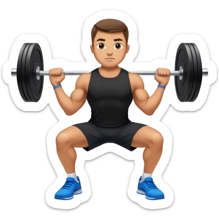 tanned man black shorts black t shirt blue shoes barbell squats sticker